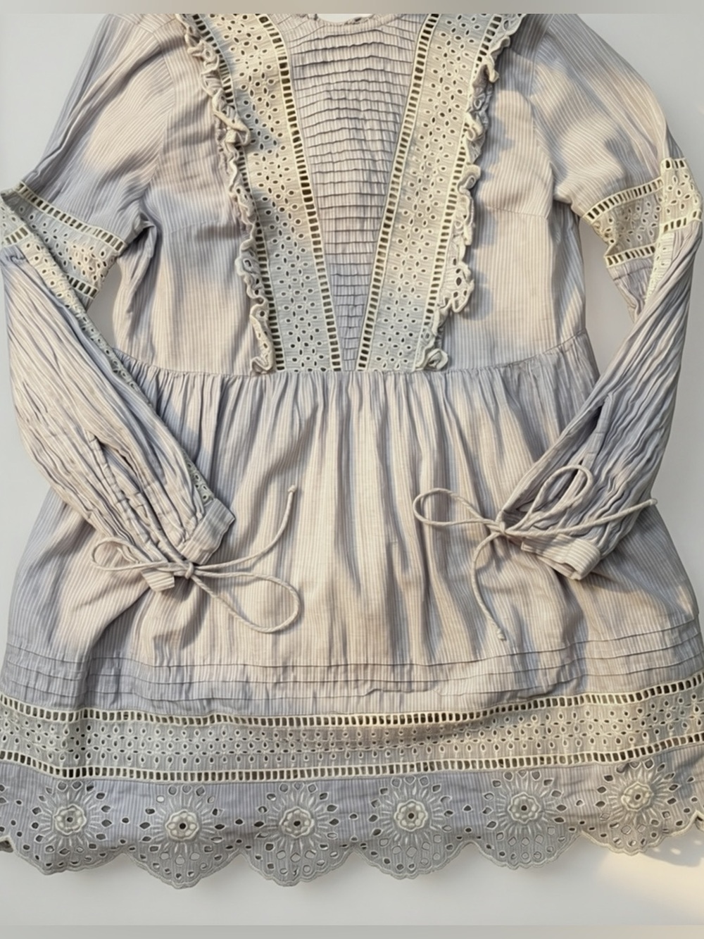 Topshop Blue Stripe Eyelet Lace Prairie Mini Dress |US 6| Coastal academia Fall - Picture 3 of 6